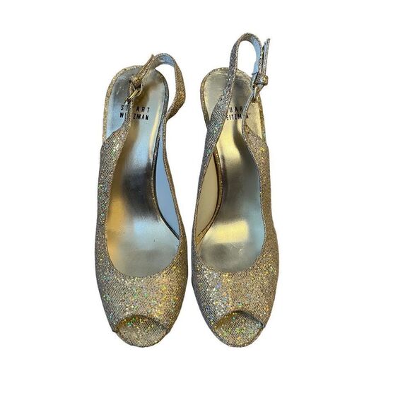 Stuart Weitzman Vevey Gold Glitter Platform Heels Slingback size 8.5 - Picture 2 of 14